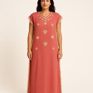 Pink Embroidered Cotton Tunic Dress Boho Kurti Midi Sequin 3/4 Sleeve Large